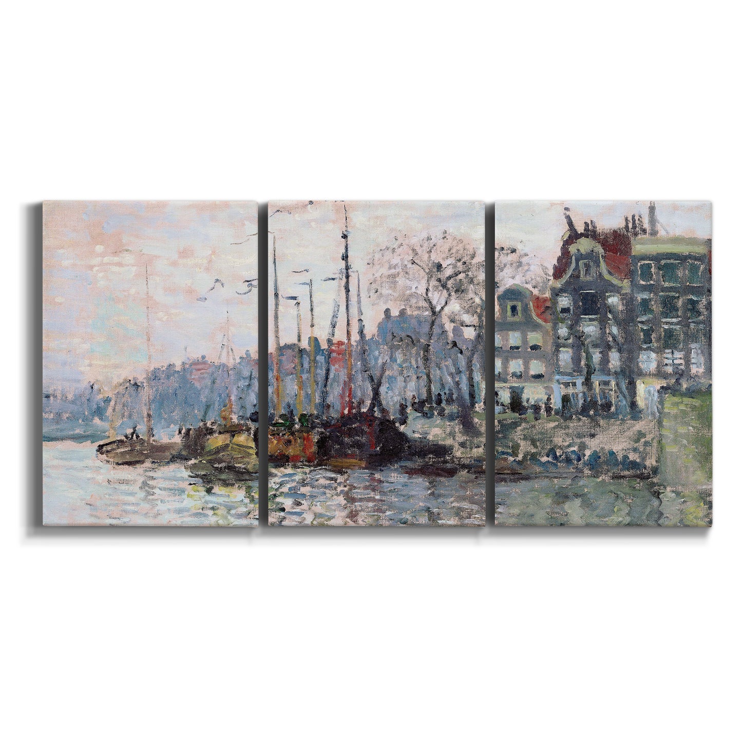 Three-panel canvas wall art featuring historic canal view with boats on white background.