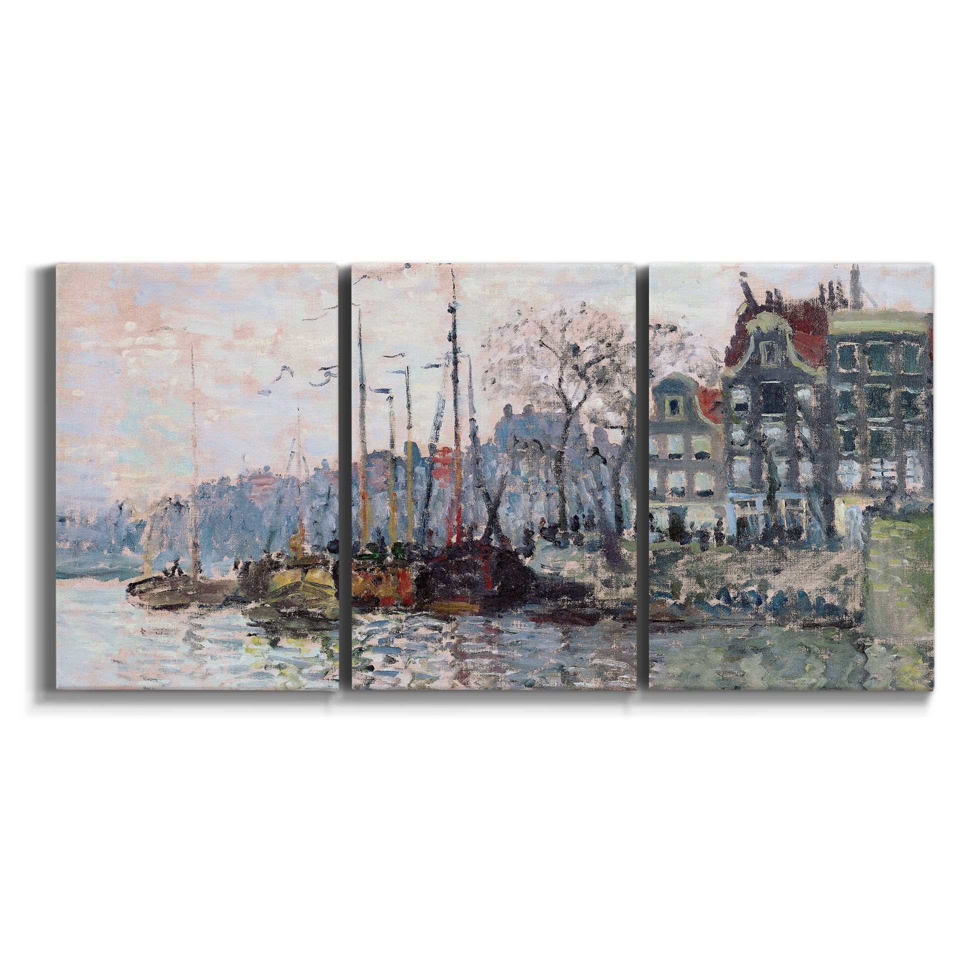 Three-panel canvas wall art featuring historic canal view with boats on white background.