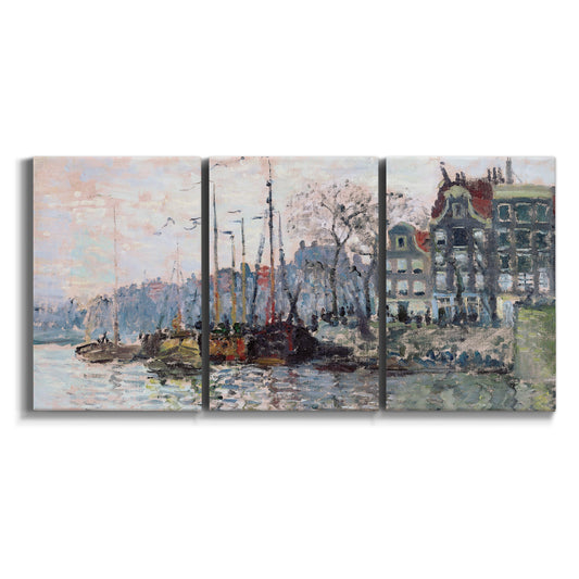 Three-panel canvas wall art featuring historic canal view with boats on white background.