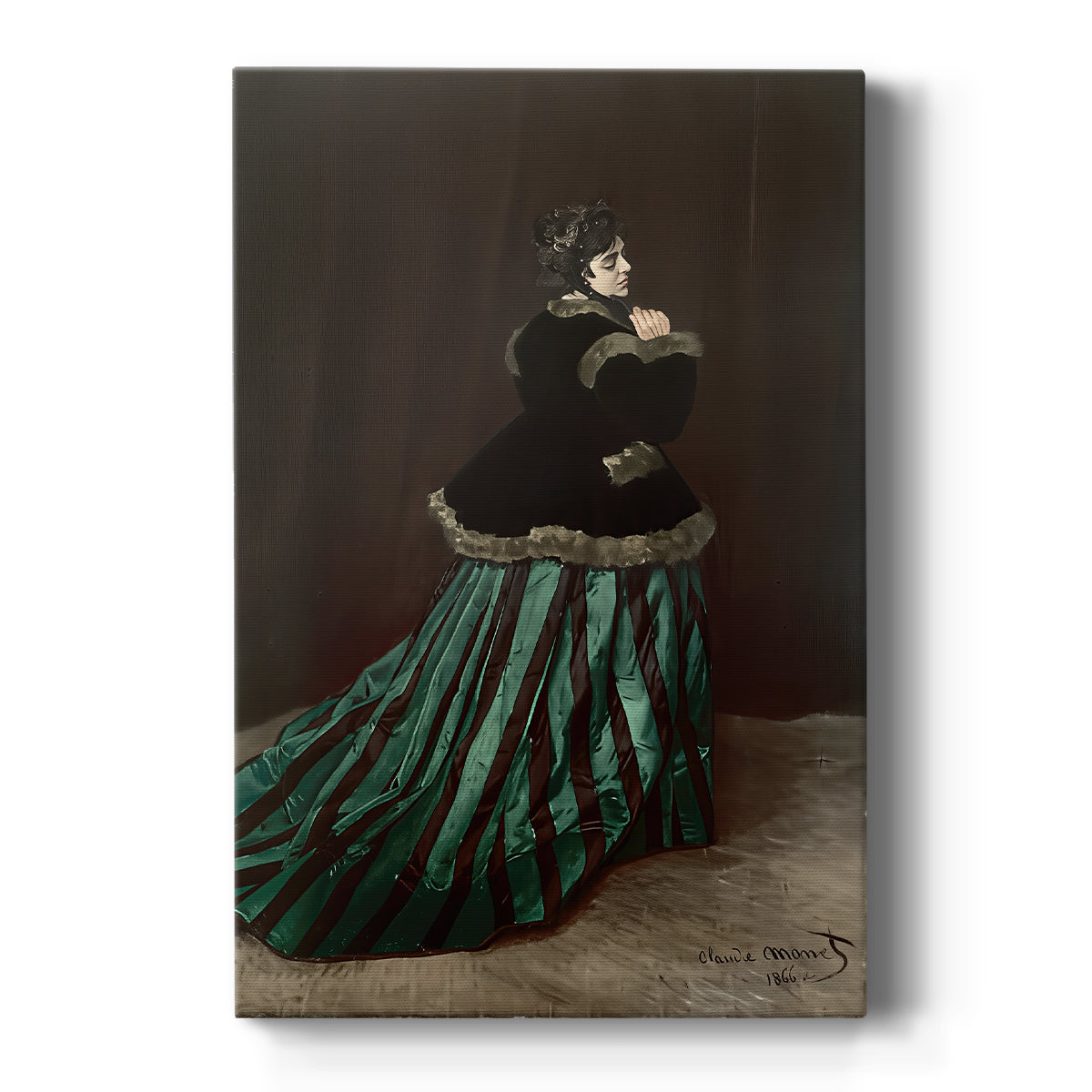 Canvas art print featuring an impressionist portrait of a woman in a green dress with rich flowing fabric on a clean white background.