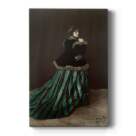 Canvas art print featuring an impressionist portrait of a woman in a green dress with rich flowing fabric on a clean white background.