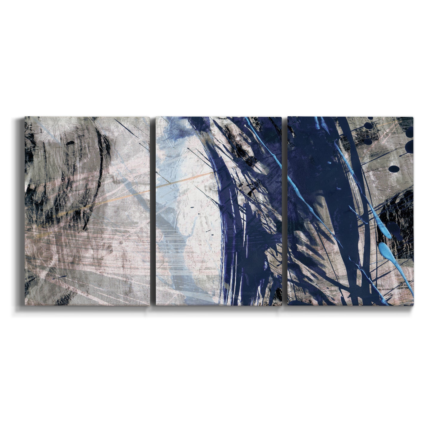 Three-panel canvas wall art featuring layered blue abstract texture on white background.