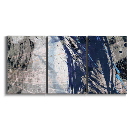 Three-panel canvas wall art featuring layered blue abstract texture on white background.