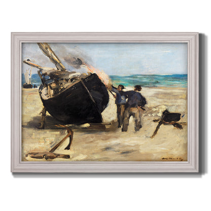 Impressionist nautical work scene by Édouard Manet printed on canvas in an ornate weathered white frame.