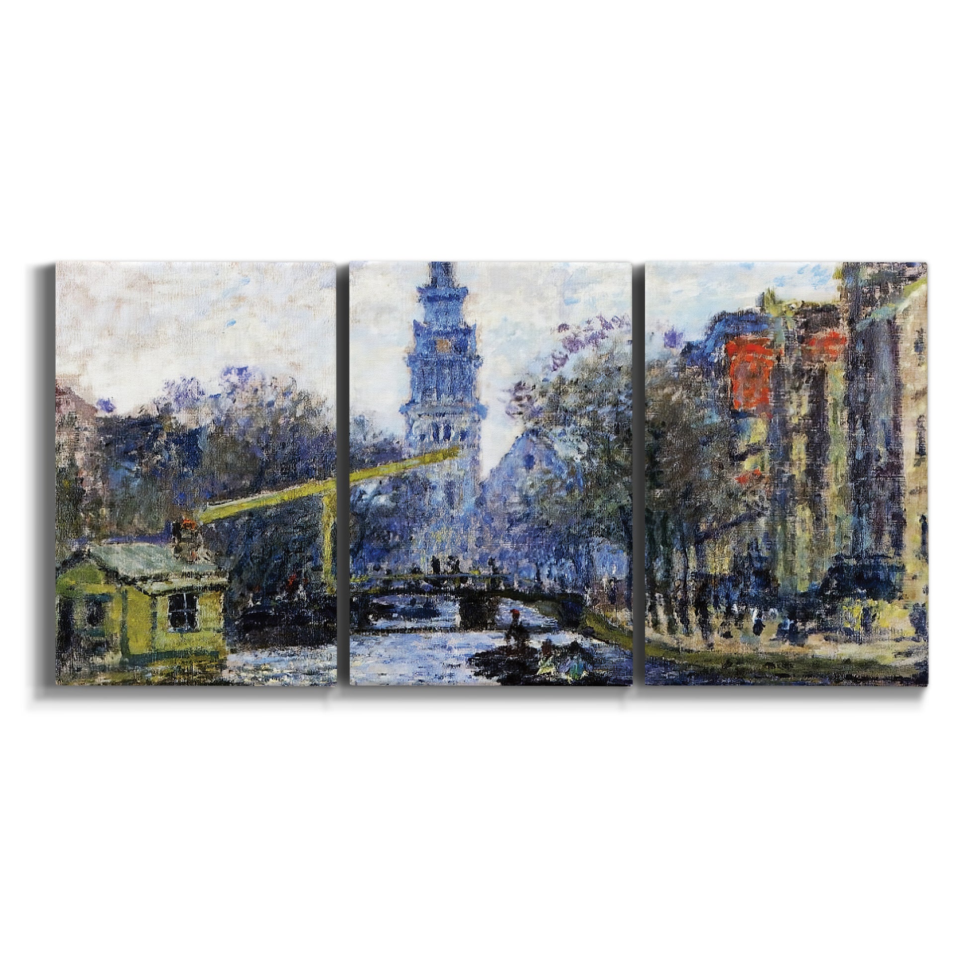 Three-panel canvas wall art featuring historic tower beside canal on white background.