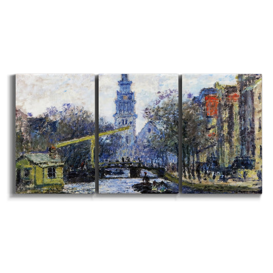Three-panel canvas wall art featuring historic tower beside canal on white background.