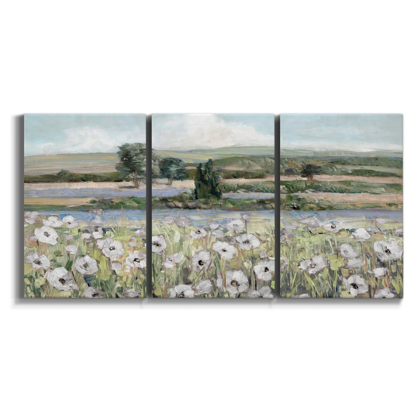 Three-panel canvas wall art featuring vintage poppy filled valley on white background.