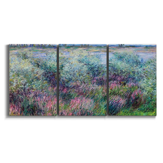 Three-panel canvas wall art featuring flowered riverbank with trees on white background.