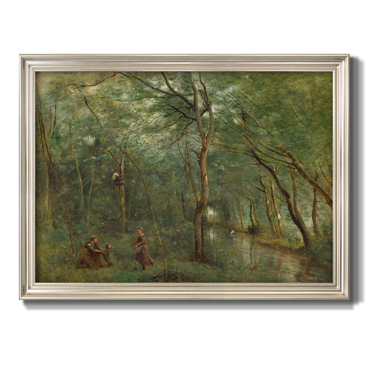 Traditional rural landscape scene with figures by Jean-Baptiste-Camille Corot printed on canvas in an ornate champagne frame.