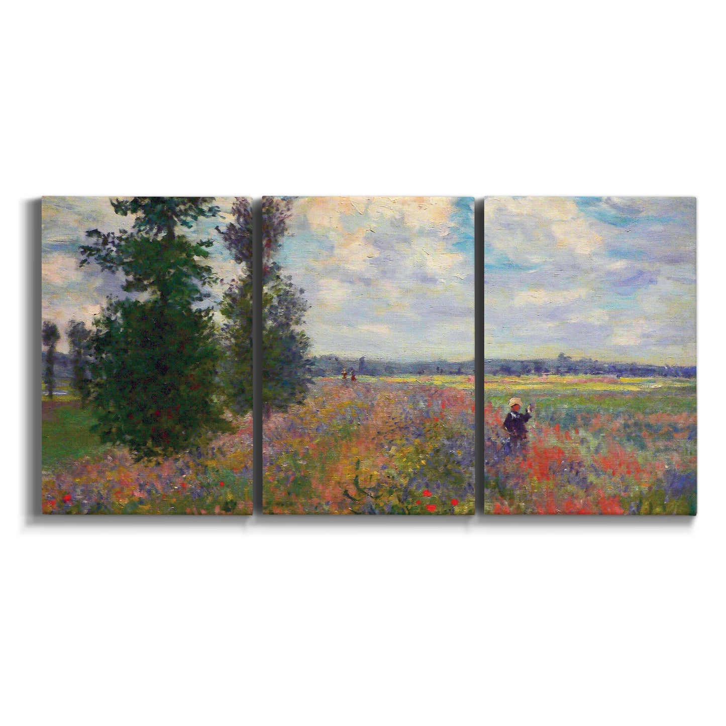 Three-panel canvas wall art featuring poppy field in open countryside on white background.