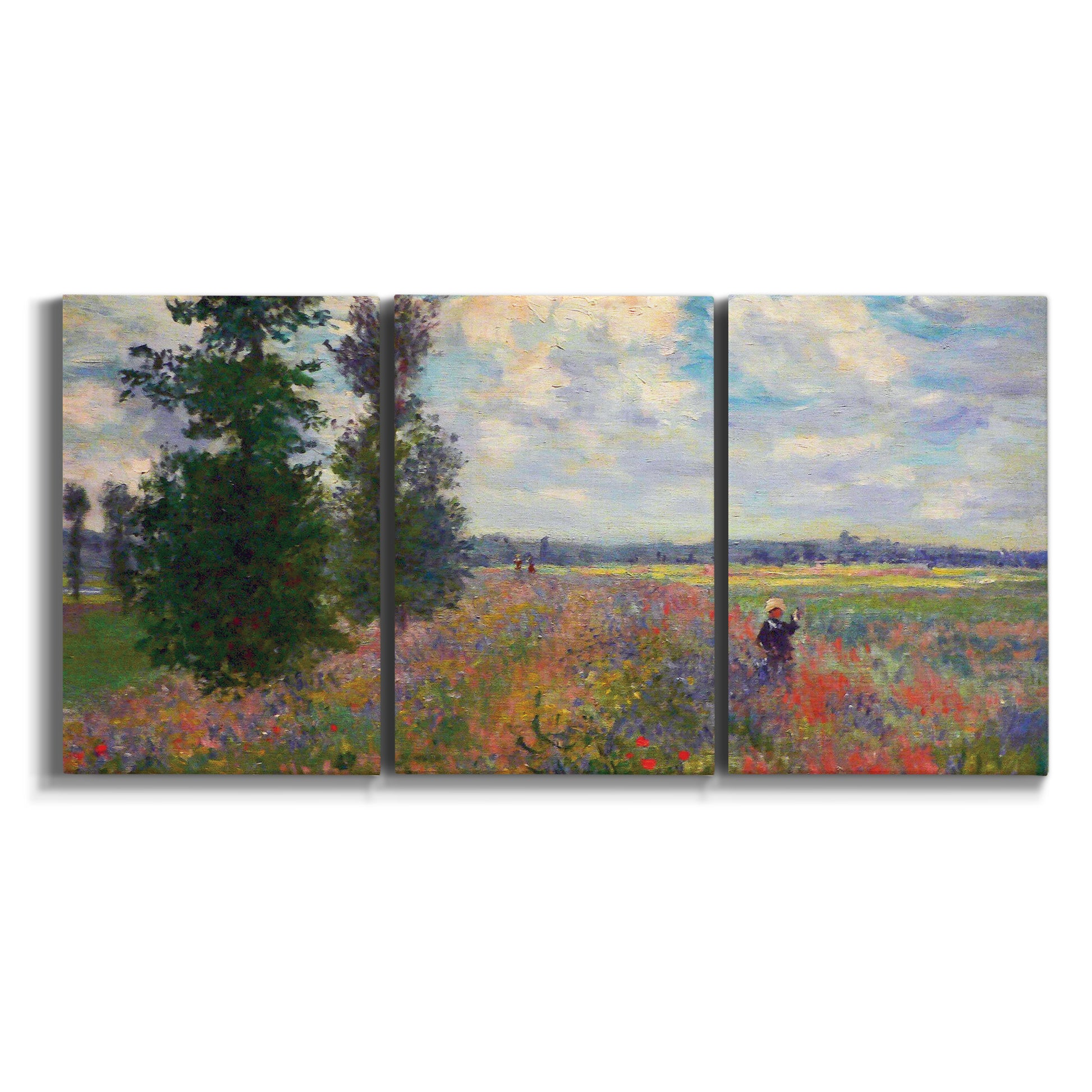 Three-panel canvas wall art featuring poppy field in open countryside on white background.