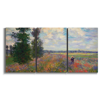 Three-panel canvas wall art featuring poppy field in open countryside on white background.