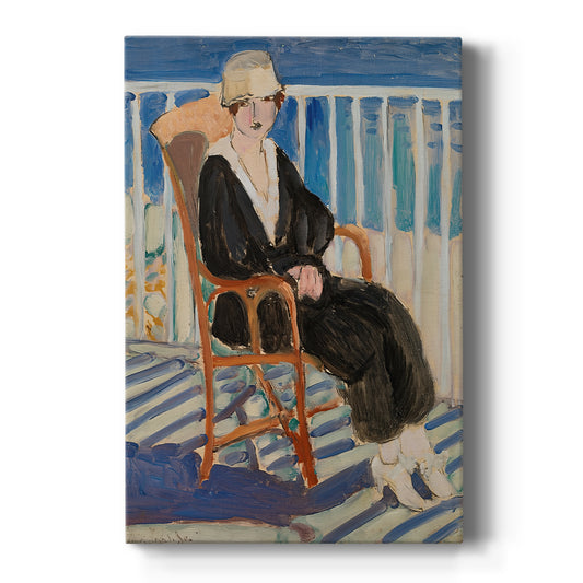 Canvas art print featuring a fauvist scene of a girl seated on a balcony overlooking the ocean on a clean white background.