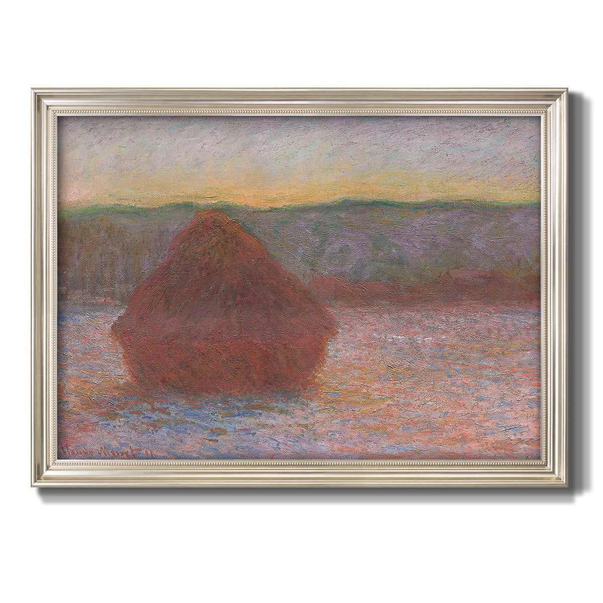 Impressionist haystack sunset scene in winter by Claude Monet printed on canvas in an ornate champagne frame.