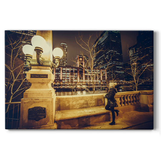 Chicago River Walk at Night - Gallery Wrapped Canvas