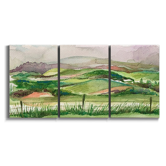 Three-panel canvas wall art featuring rainy landscape with soft atmosphere on white background.