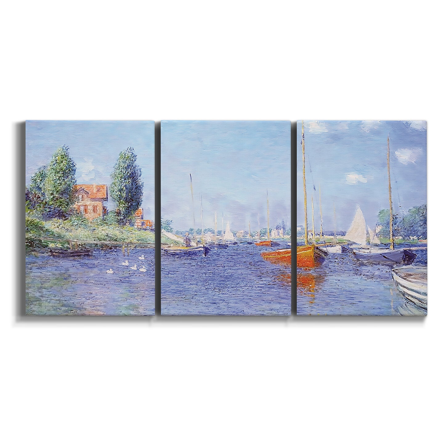 Three-panel canvas wall art featuring river flowing past riverside town on white background.