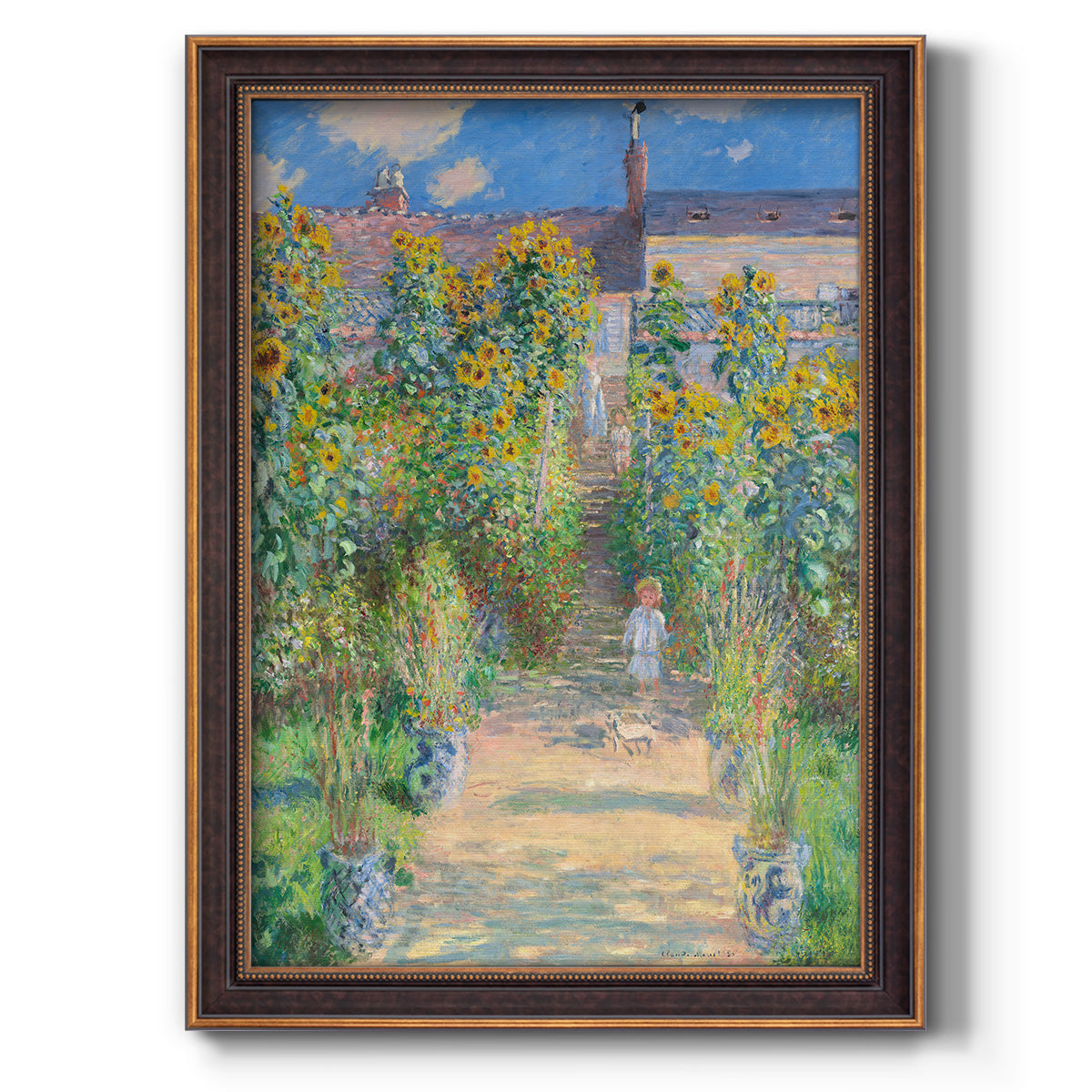 Impressionist garden landscape painting by Claude Monet printed on canvas in an ornate bronzed mahogany wood frame with a vertical orientation.