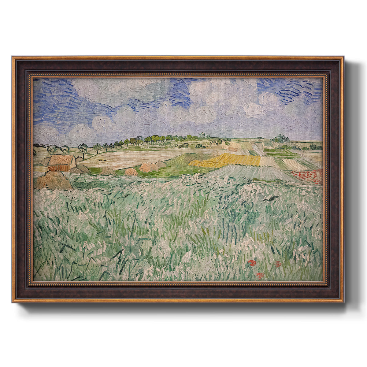 Impressionist countryside landscape near Auvers by Vincent van Gogh printed on canvas in an ornate bronzed mahogany wood frame.