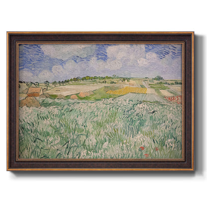 Impressionist countryside landscape near Auvers by Vincent van Gogh printed on canvas in an ornate bronzed mahogany wood frame.