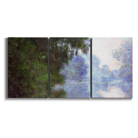 Three-panel canvas wall art featuring soft morning river landscape on white background.