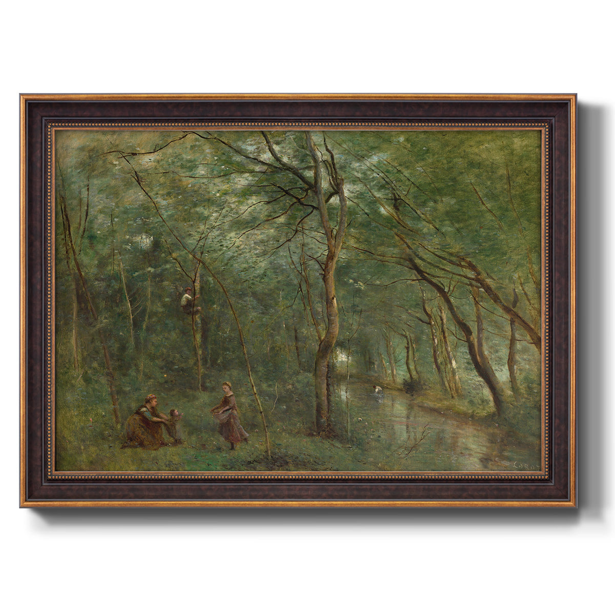 Traditional rural landscape scene with figures by Jean-Baptiste-Camille Corot printed on canvas in an ornate bronzed mahogany wood frame.