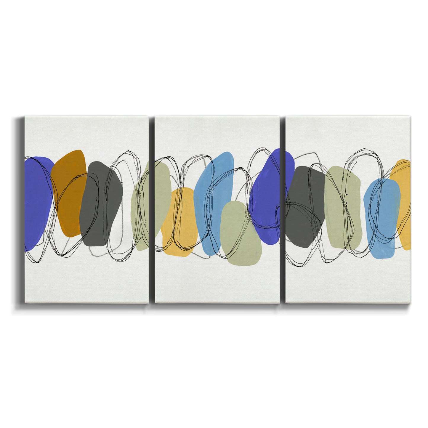 Three-panel canvas wall art featuring minimalist geometric abstract spacing on white background.