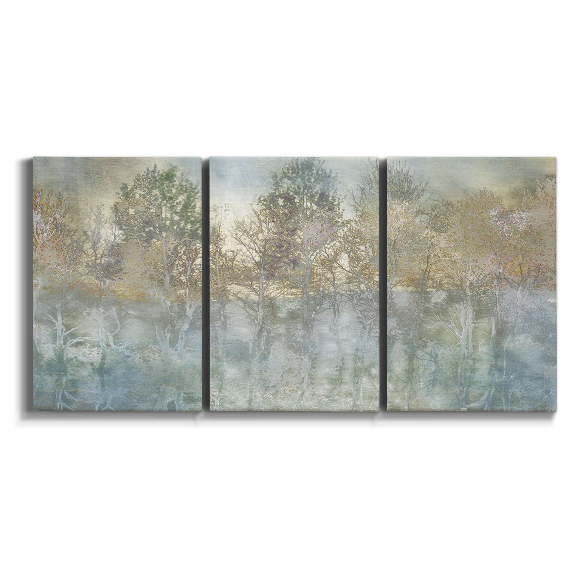 Three-panel canvas wall art featuring abstract river reflections on white background.