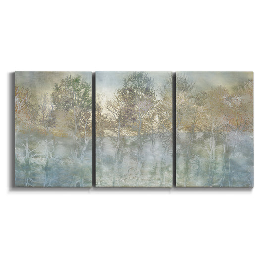 Three-panel canvas wall art featuring abstract river reflections on white background.