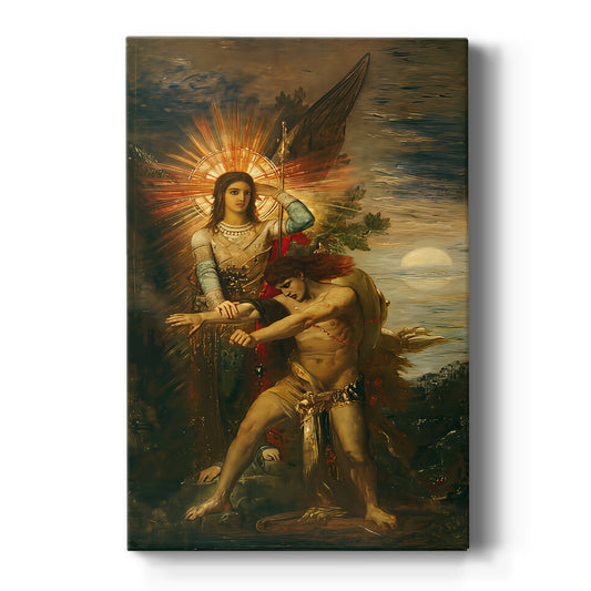 Canvas art print featuring a Symbolist scene of a man standing before an angel in a dramatic composition on a clean white background.