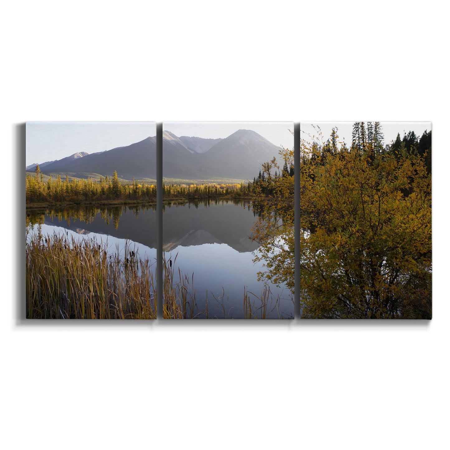 Three-panel canvas wall art featuring low light river photography on white background.