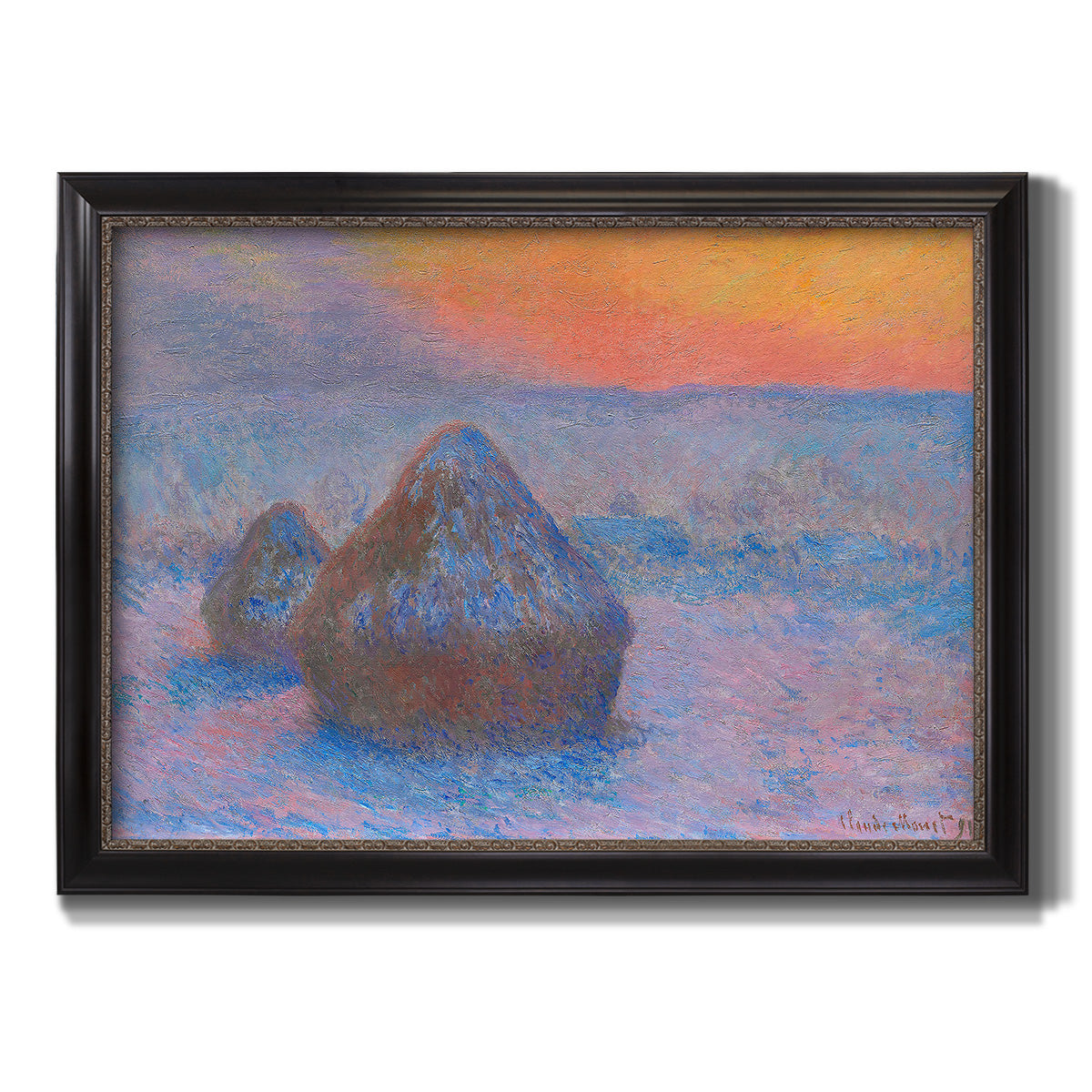 Impressionist haystack scene at sunset by Claude Monet printed on canvas in an ornate black frame with gilded inner detail.