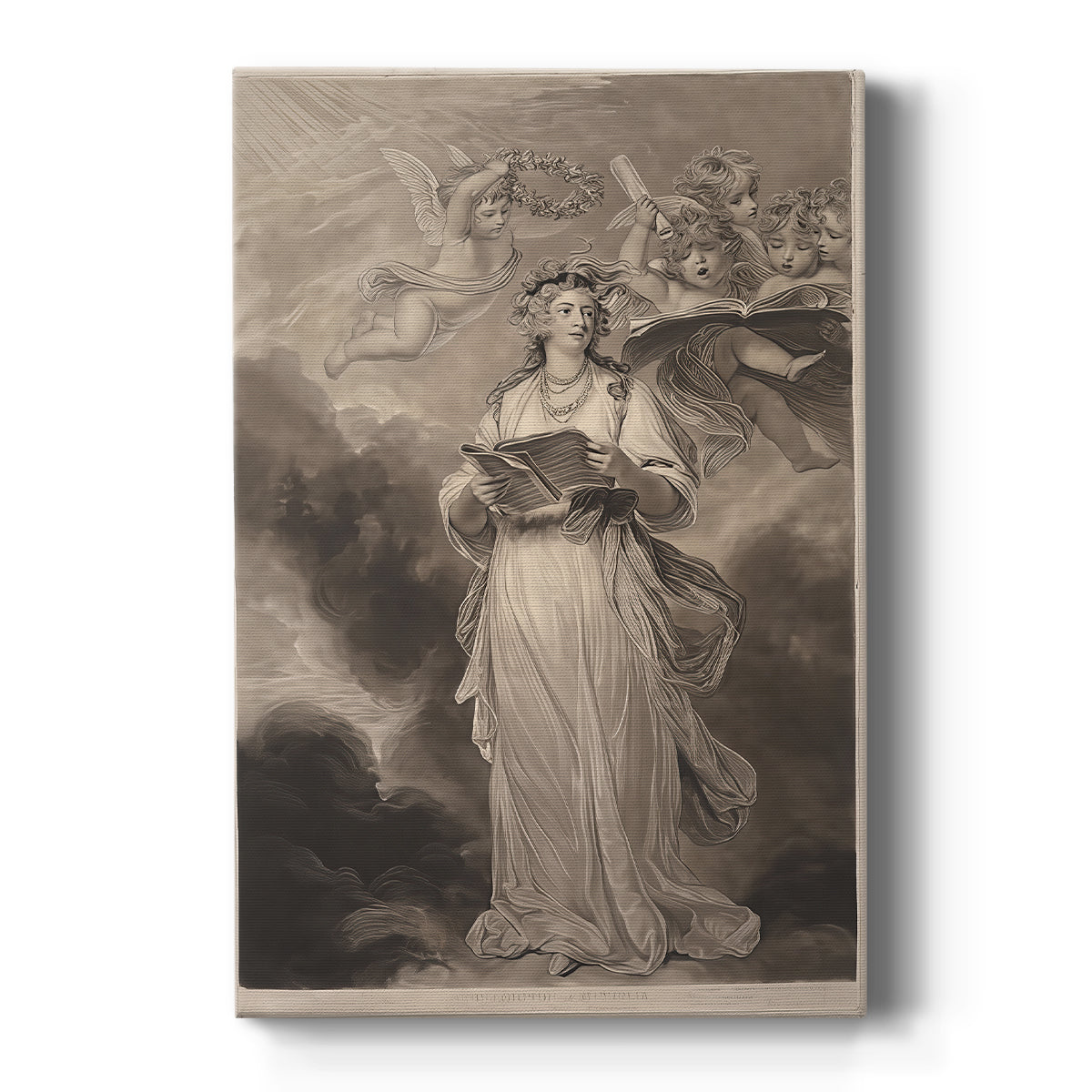 Canvas art print featuring a classical portrait of a woman with musical symbolism and soft dramatic light on a clean white background.