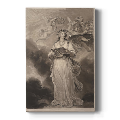 Canvas art print featuring a classical portrait of a woman with musical symbolism and soft dramatic light on a clean white background.