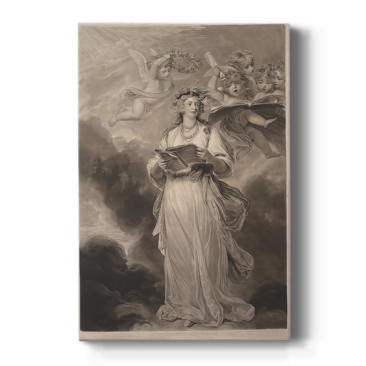 Canvas art print featuring a classical portrait of a woman with musical symbolism and soft dramatic light on a clean white background.