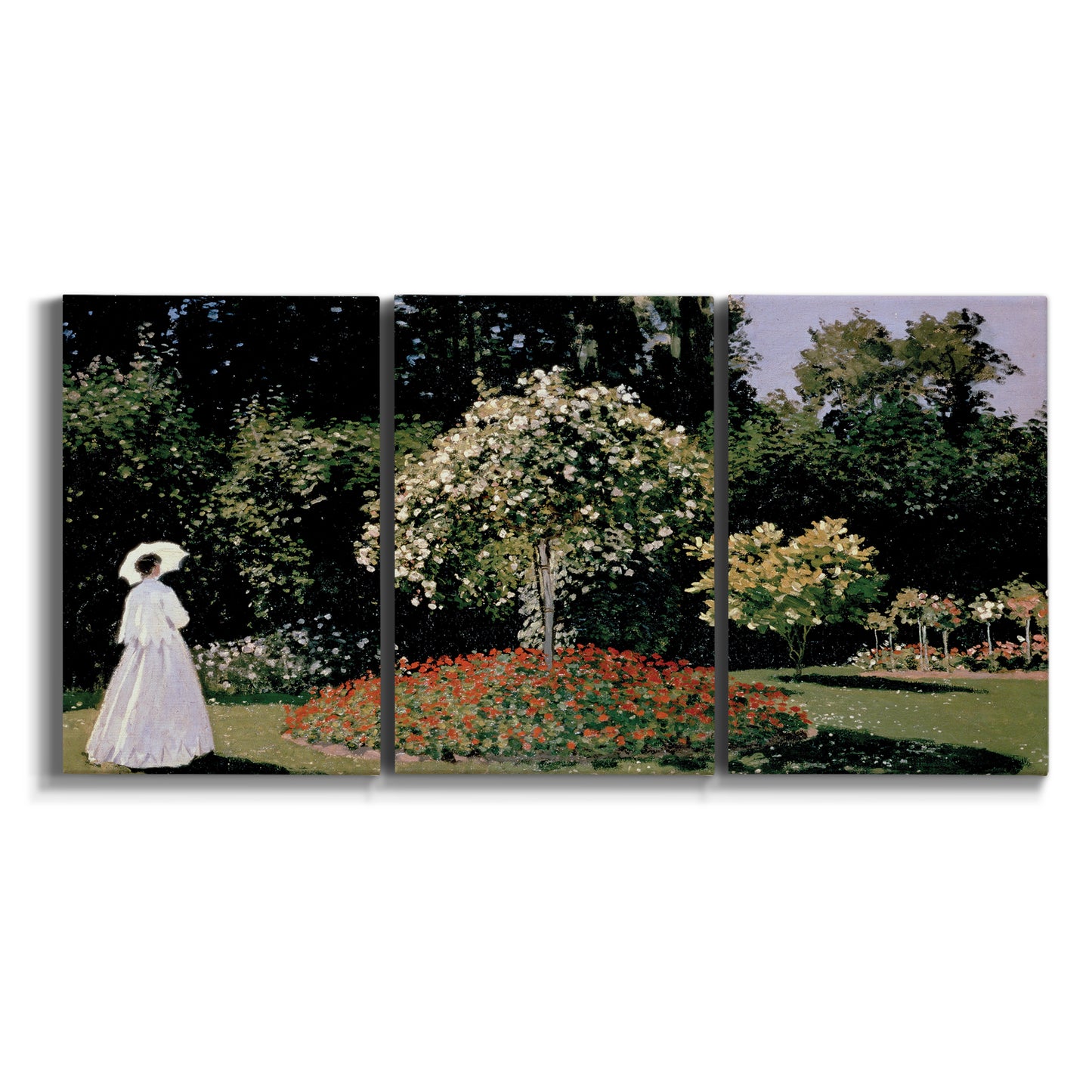 Three-panel canvas wall art featuring woman seated in garden landscape on white background.