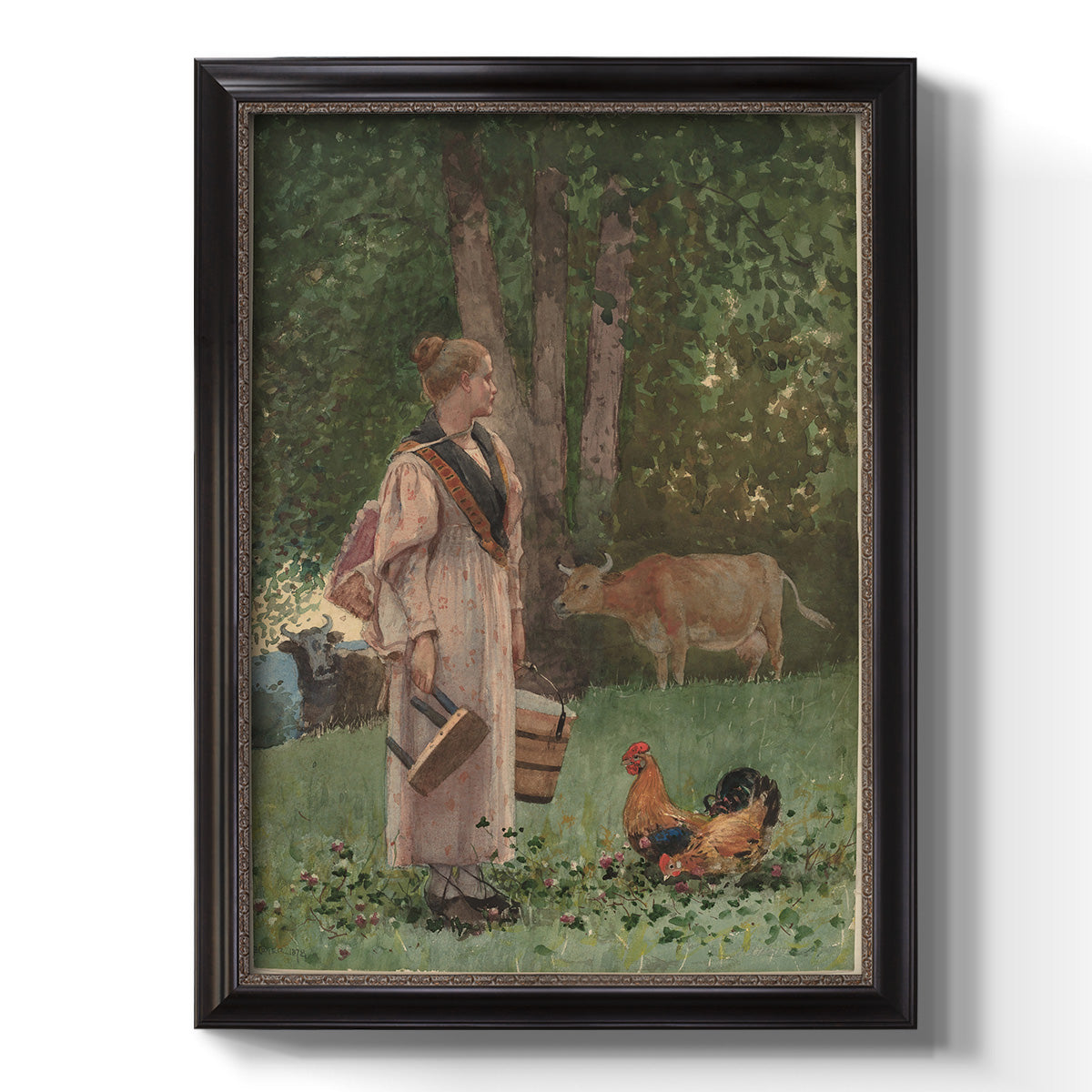 Realist genre scene of a milkmaid by Winslow Homer printed on canvas in an ornate black frame with gilded inner detail with a vertical orientation.