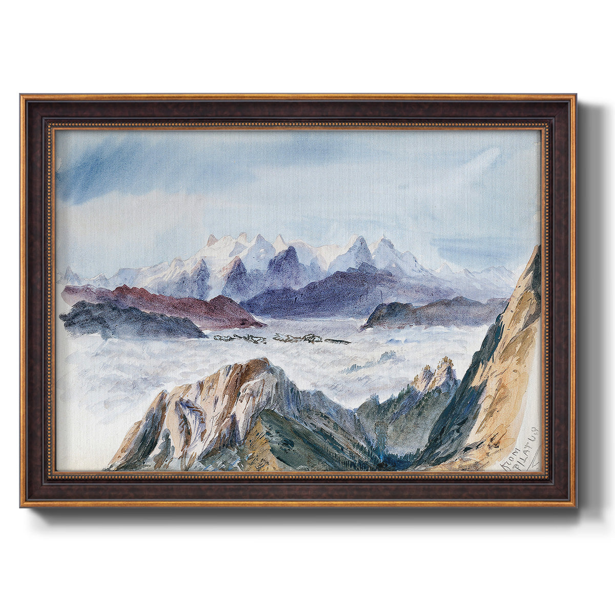 Impressionist alpine mountain landscape by John Singer Sargent printed on canvas in an ornate bronzed mahogany wood frame.