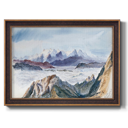 Impressionist alpine mountain landscape by John Singer Sargent printed on canvas in an ornate bronzed mahogany wood frame.