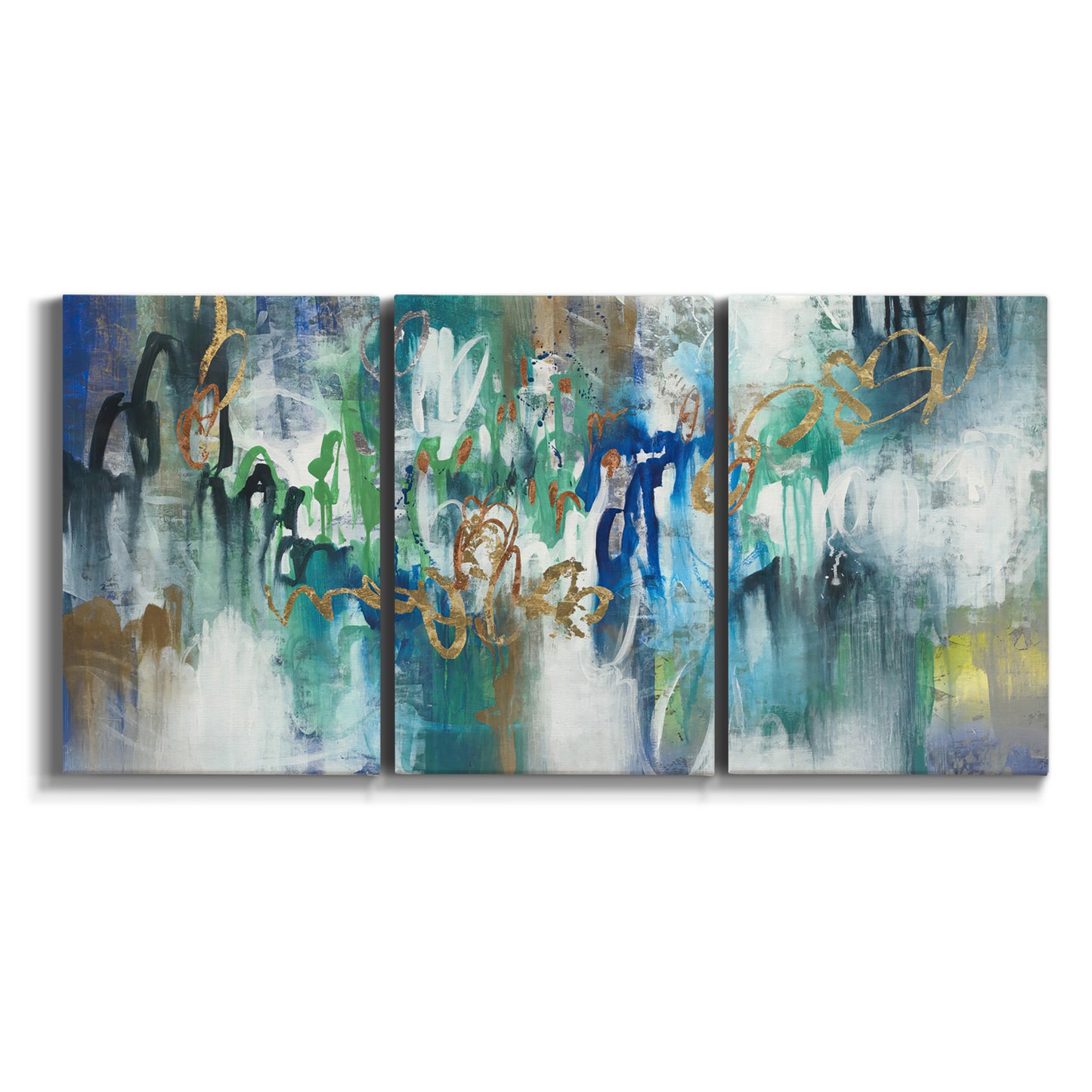 Three-panel canvas wall art featuring joyful abstract color harmony on white background.