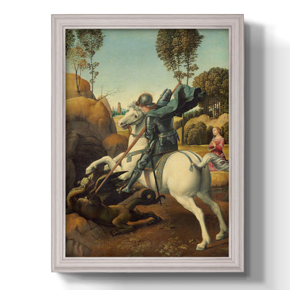 Religious painting of Saint George slaying the dragon by Raphael printed on canvas in an ornate weathered white frame with a vertical orientation.