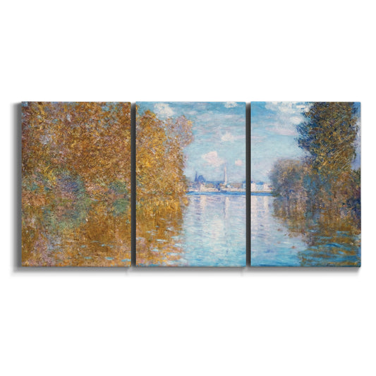 Three-panel canvas wall art featuring autumn landscape with glowing foliage on white background.