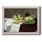 Impressionist still life with fruit by Édouard Manet printed on canvas in an ornate weathered white frame.