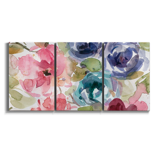 Three-panel canvas wall art featuring soft floral watercolor composition on white background.