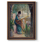 Impressionist portrait of Madame Monet sewing by Claude Monet printed on canvas in an ornate bronzed mahogany wood frame with a vertical orientation.