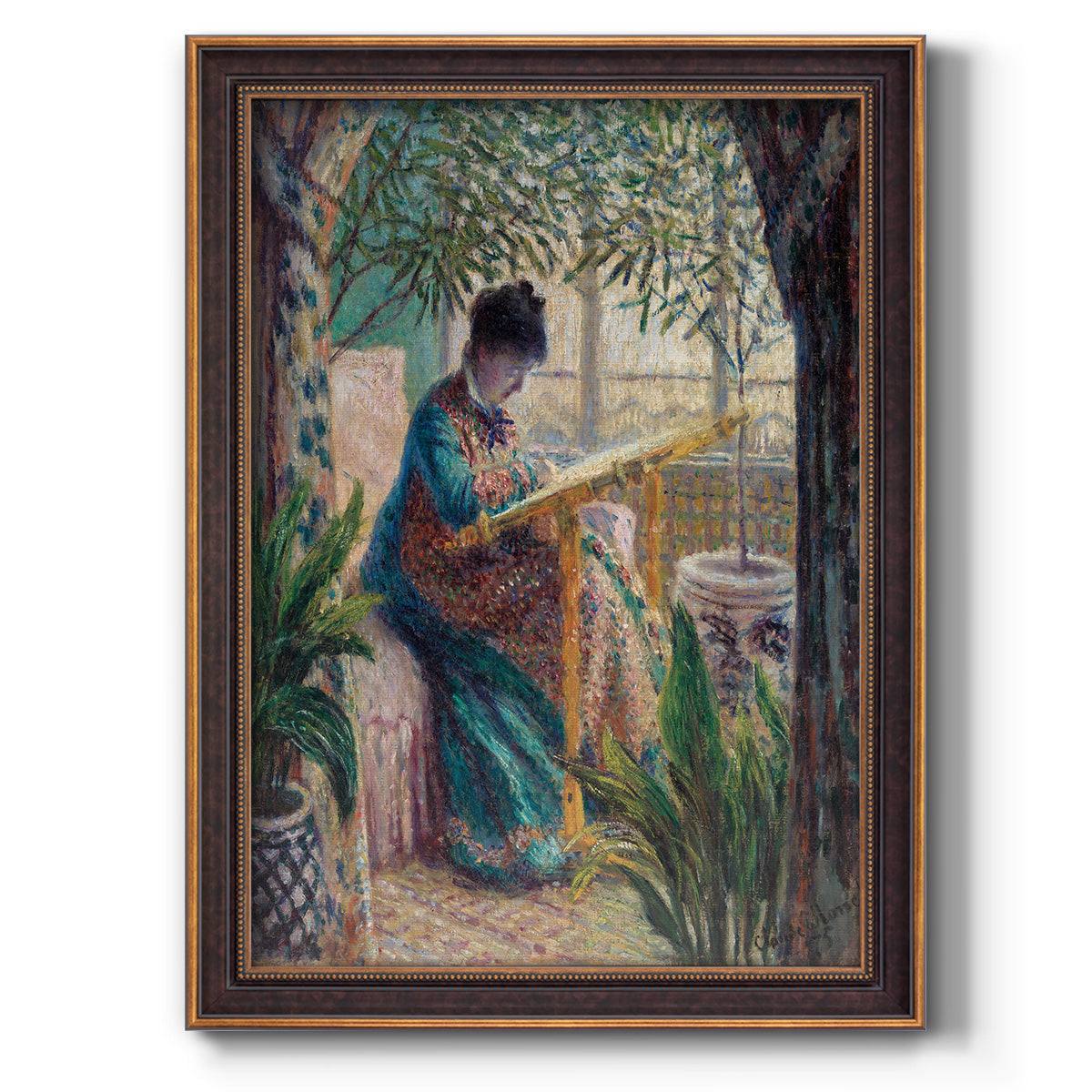 Impressionist portrait of Madame Monet sewing by Claude Monet printed on canvas in an ornate bronzed mahogany wood frame with a vertical orientation.