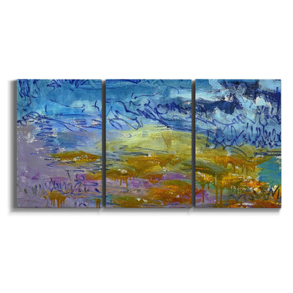 Three-panel canvas wall art featuring expressive abstract with layered color on white background.