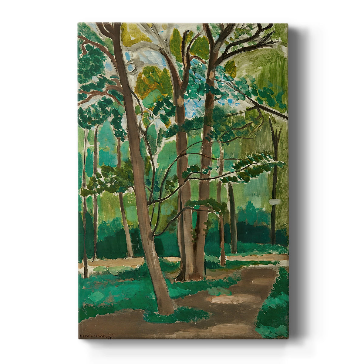 Canvas art print featuring a fauvist landscape of a tree-lined crossroads with vivid greens and warm tones on a clean white background.