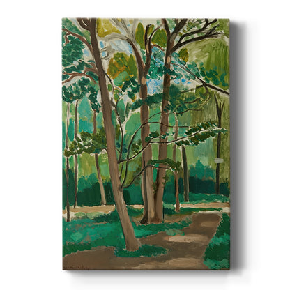 Canvas art print featuring a fauvist landscape of a tree-lined crossroads with vivid greens and warm tones on a clean white background.
