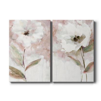Set of two vertical canvas prints featuring soft summer floral botanical illustration, displayed side by side.